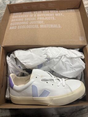Veja Women's White Canvas Sneakers with Lavender V Logo